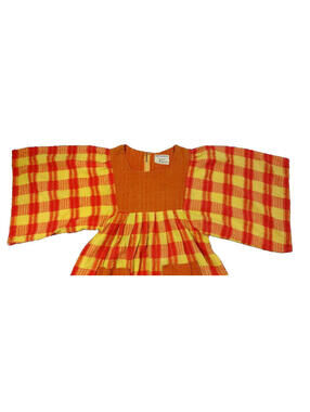 Vintage 60s 70s Karavan Bohemian Top Wide Kimono Sleeve Checkered Yellow Orange